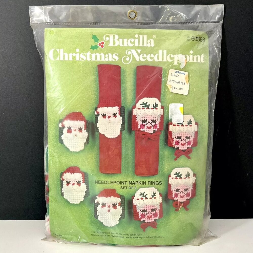Bucilla Christmas Needlepoint Kit Napkin Rings #60388 Santa Claus Mrs. Claus NIP